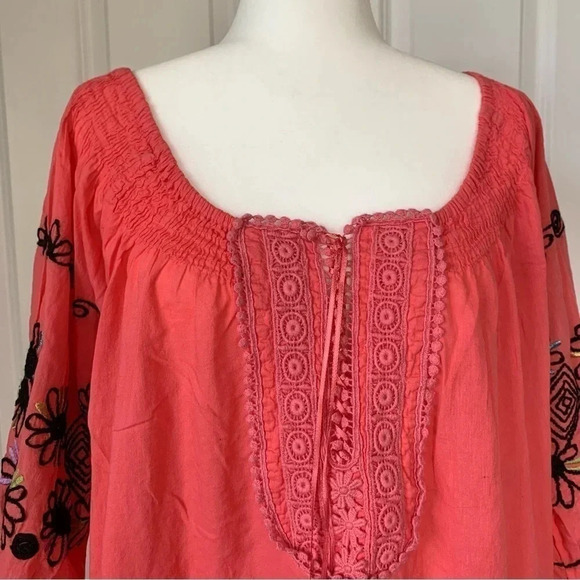 Kyra Off Shoulder Boho Tunic Coral Hand Embroidered Detail Cotton Top size Large - Picture 2 of 13